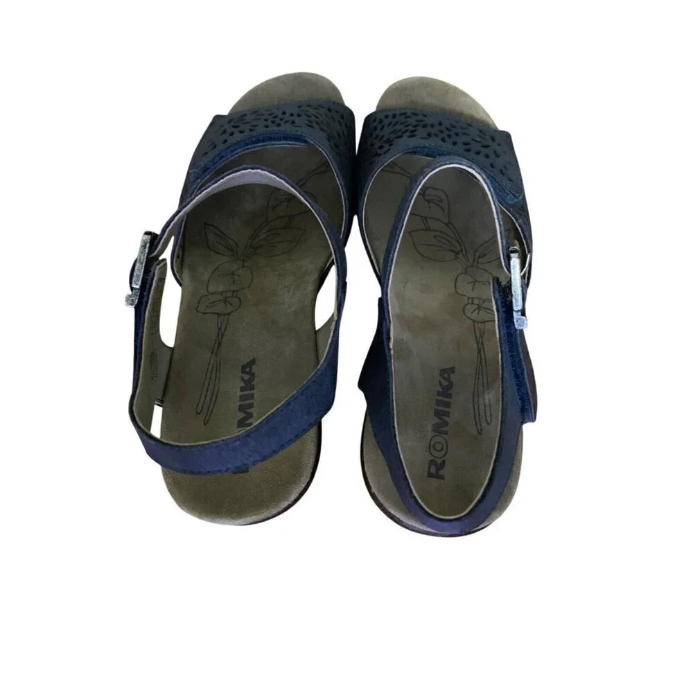 Romika Nevis 05 Blue Leather Wedge Sandals Size 37/6 Comfort Adjustable Strap